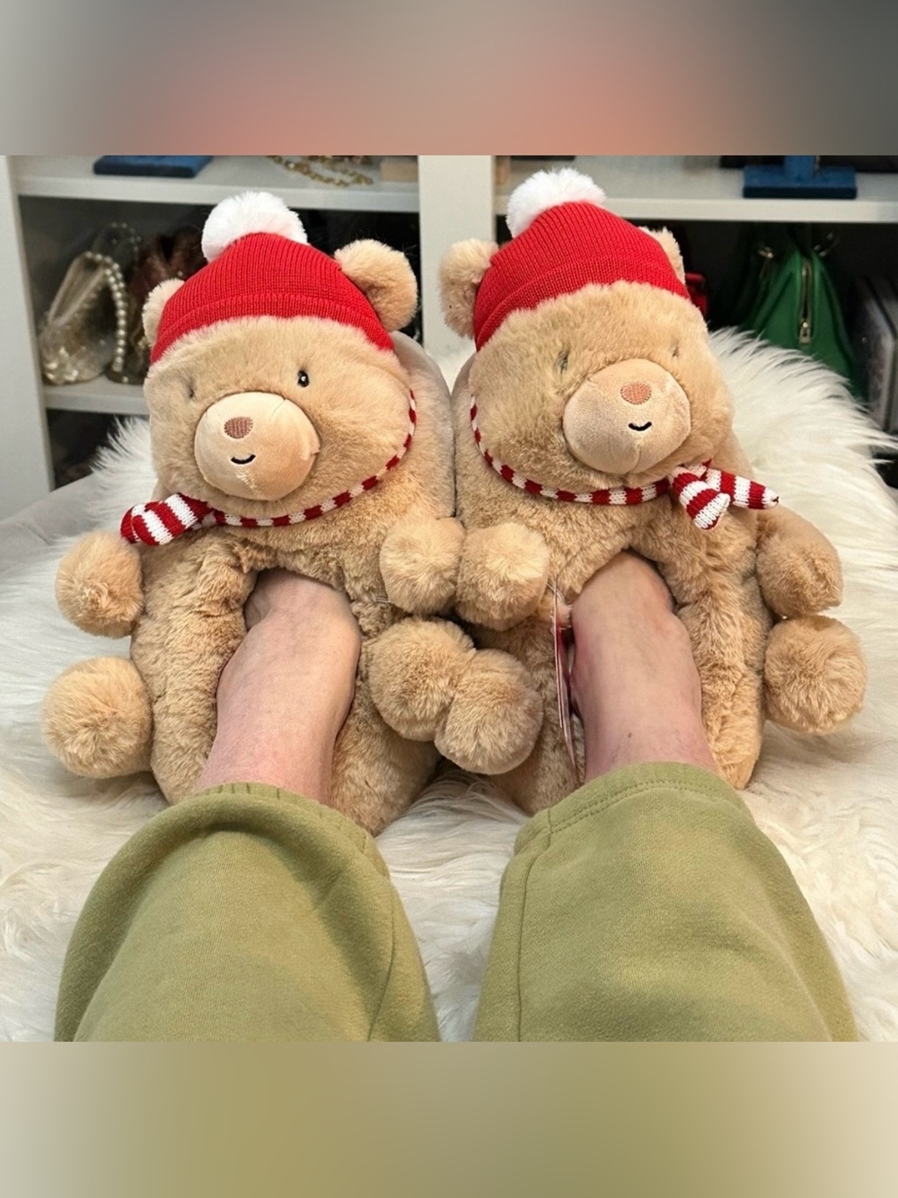 Cute Teddy Bear Slippers Brown with Red Accents Sz Women’s 8-8.5 & XL Kids NEW!